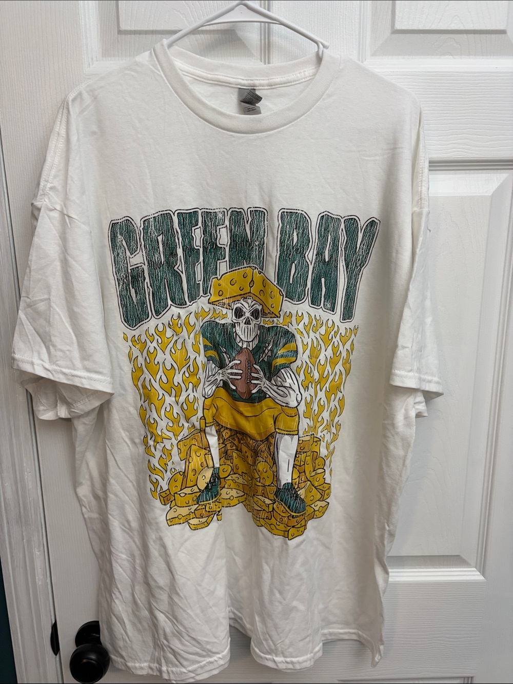 Gildan White Tee with Green and Yellow Green Bay Skull Graphic